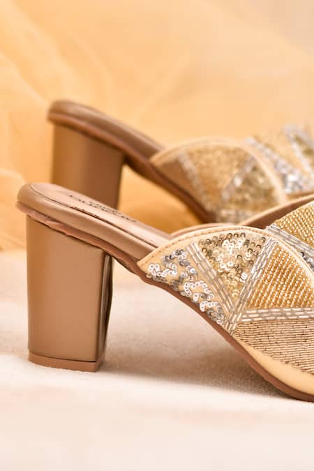 Around Always_Gold Sequins, Beads Trinity Embroidered Block Heels _Online_at_Aza_Fashions