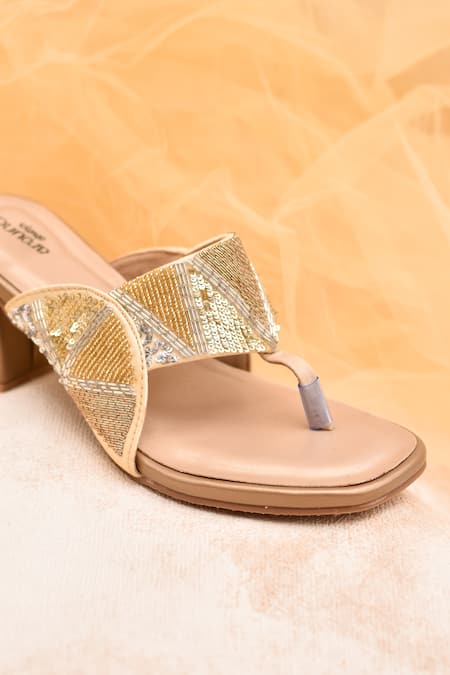 Buy_Around Always_Gold Sequins, Beads Trinity Embroidered Block Heels _Online_at_Aza_Fashions