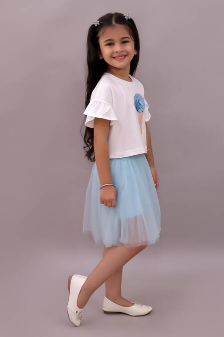 Lil Drama_White Cotton, Net Fabric Flowers Ice Cream Embroidered T Shirt And Skirt Set _Online_at_Aza_Fashions