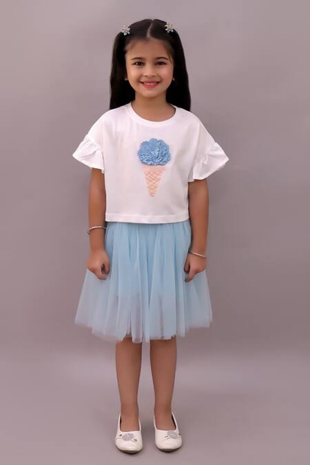 Buy_Lil Drama_White Cotton, Net Fabric Flowers Ice Cream Embroidered T Shirt And Skirt Set 