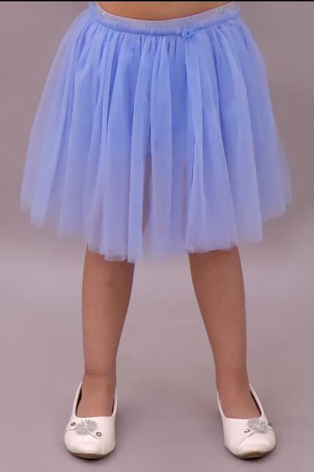 Lil Drama_Blue Cotton, Net Sequins Butterfly Embroidered T Shirt And Skirt Set _Online_at_Aza_Fashions