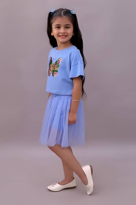 Buy_Lil Drama_Blue Cotton, Net Sequins Butterfly Embroidered T Shirt And Skirt Set _Online_at_Aza_Fashions