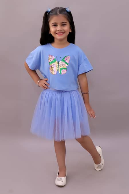 Lil Drama Sequins Butterfly Embroidered T Shirt & Skirt Set 