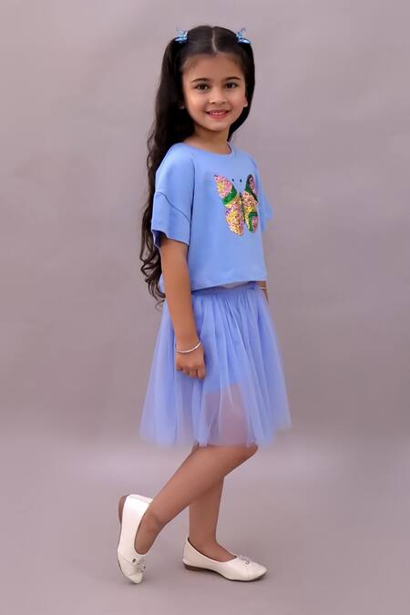 Shop_Lil Drama_Blue Cotton, Net Sequins Butterfly Embroidered T Shirt And Skirt Set _Online_at_Aza_Fashions