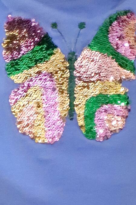 Lil Drama_Blue Cotton, Net Sequins Butterfly Embroidered T Shirt And Skirt Set _at_Aza_Fashions