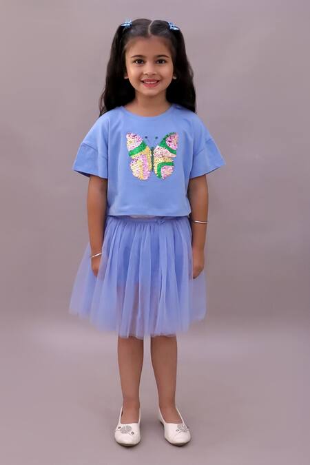 Buy_Lil Drama_Blue Cotton, Net Sequins Butterfly Embroidered T Shirt And Skirt Set 