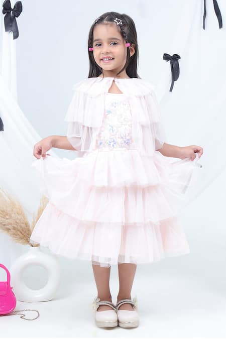 Lil Drama Pink Net Sequins Embroidered Layered Dress With Shrug 