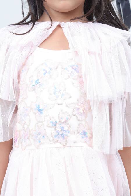 Buy Lil Drama Pink Net Sequins Embroidered Layered Dress With Shrug Buy_Lil Drama_Pink Net Sequins Embroidered Layered Dress With Shrug