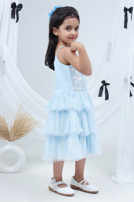Lil Drama Sky Blue Net, Polyester Sequins, Glitter Layered Embroidered Dress With Shrug Online at Aza Fashions Lil Drama_Sky Blue Net, Polyester Sequins, Glitter Layered Embroidered Dress With Shrug _Online_at_Aza_Fashions