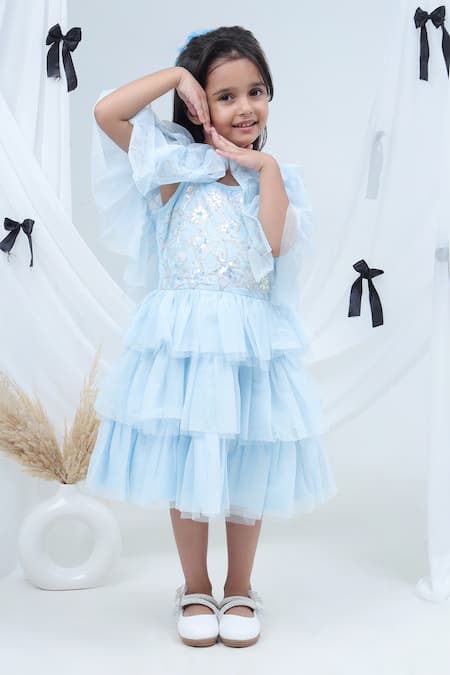 Buy Lil Drama Sky Blue Net, Polyester Sequins, Glitter Layered Embroidered Dress With Shrug Buy_Lil Drama_Sky Blue Net, Polyester Sequins, Glitter Layered Embroidered Dress With Shrug
