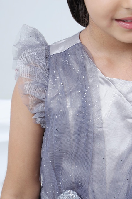 Lil Drama_Gray Net, Polyester Bows, Glitter, Ribbons Sleeveless Tiered Dress _Online_at_Aza_Fashions
