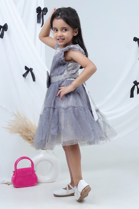 Buy_Lil Drama_Gray Net, Polyester Bows, Glitter, Ribbons Sleeveless Tiered Dress _Online_at_Aza_Fashions