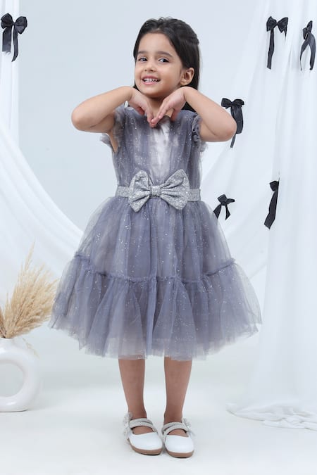Shop_Lil Drama_Gray Net, Polyester Bows, Glitter, Ribbons Sleeveless Tiered Dress _Online_at_Aza_Fashions