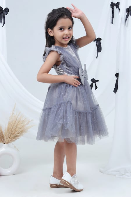 Lil Drama_Gray Net, Polyester Bows, Glitter, Ribbons Sleeveless Tiered Dress _at_Aza_Fashions