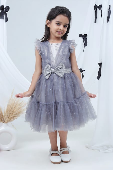 Lil Drama Gray Net, Polyester Bows, Glitter, Ribbons Sleeveless Tiered Dress 