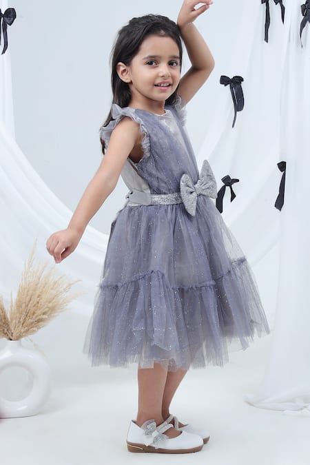 Buy_Lil Drama_Gray Net, Polyester Bows, Glitter, Ribbons Sleeveless Tiered Dress 