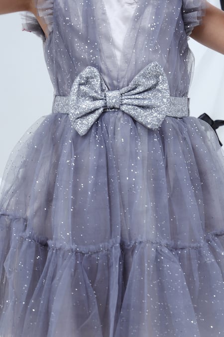 Shop_Lil Drama_Gray Net, Polyester Bows, Glitter, Ribbons Sleeveless Tiered Dress 
