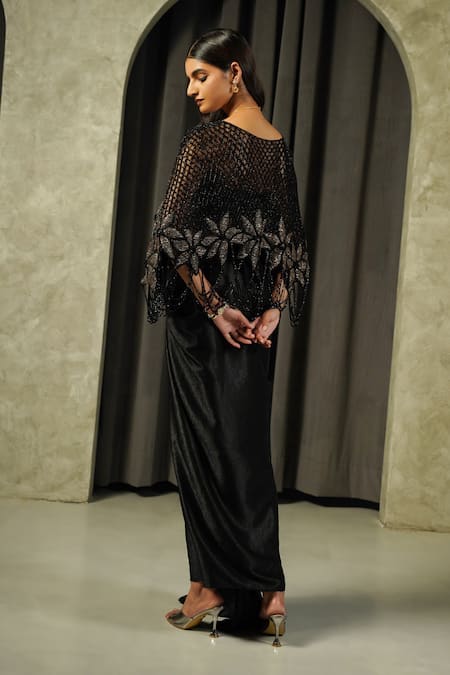 Shop_Muskan Aggarwal_Black Satin, Net Open Neck, Flore Patchwork Embroidered Cape Draped Skirt Set _Online_at_Aza_Fashions