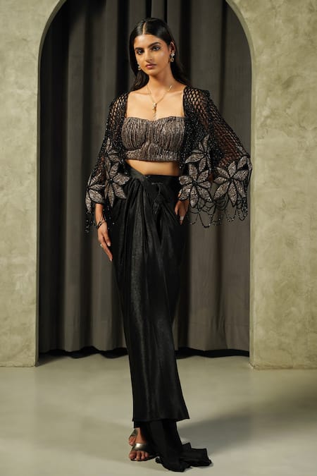 Muskan Aggarwal Flore Patchwork Embroidered Cape Draped Skirt Set 