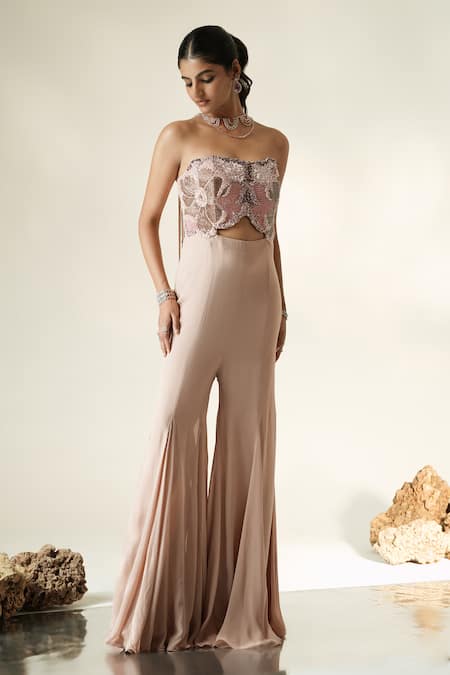 Buy_Muskan Aggarwal_Blush Georgette Embroidery, Beads, Sequins, Oriana Floral Jumpsuit With Dupatta _Online_at_Aza_Fashions