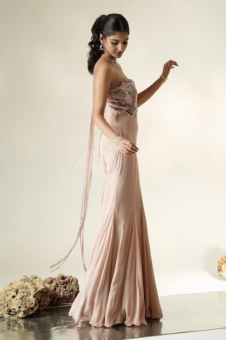 Shop_Muskan Aggarwal_Blush Georgette Embroidery, Beads, Sequins, Oriana Floral Jumpsuit With Dupatta _Online_at_Aza_Fashions