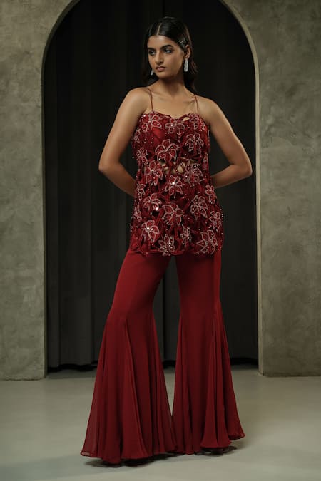 Muskan Aggarwal_Red Silk, Georgette Beads, Crystals, Cut Revera Floral Kurta And Palazzo Set _Online_at_Aza_Fashions