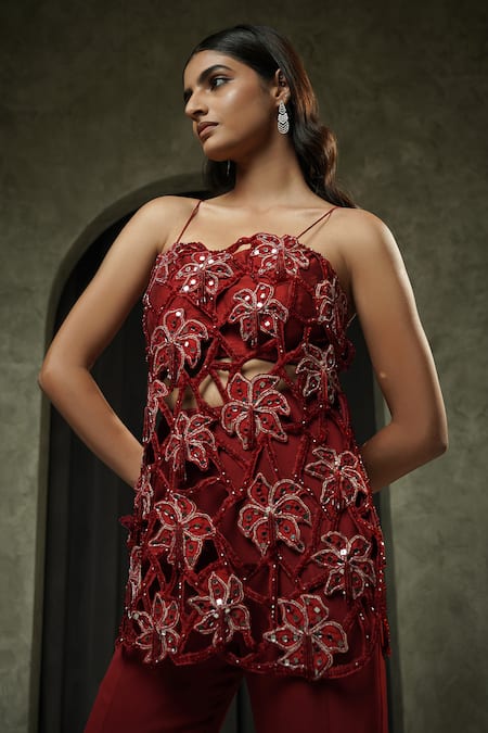 Muskan Aggarwal_Red Silk, Georgette Beads, Crystals, Cut Revera Floral Kurta And Palazzo Set _at_Aza_Fashions