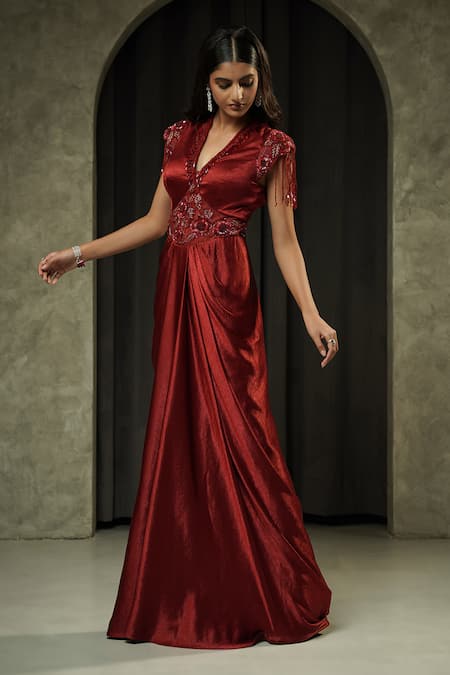 Muskan Aggarwal Red Satin, Net Sequins, Crystals, Tassels V-neck Elira Embroidered Gown Online at Aza Fashions Muskan Aggarwal_Red Satin, Net Sequins, Crystals, Tassels V-neck Elira Embroidered Gown _Online_at_Aza_Fashions