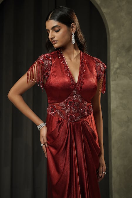 Buy Muskan Aggarwal Red Satin, Net Sequins, Crystals, Tassels V-neck Elira Embroidered Gown Online at Aza Fashions Buy_Muskan Aggarwal_Red Satin, Net Sequins, Crystals, Tassels V-neck Elira Embroidered Gown _Online_at_Aza_Fashions
