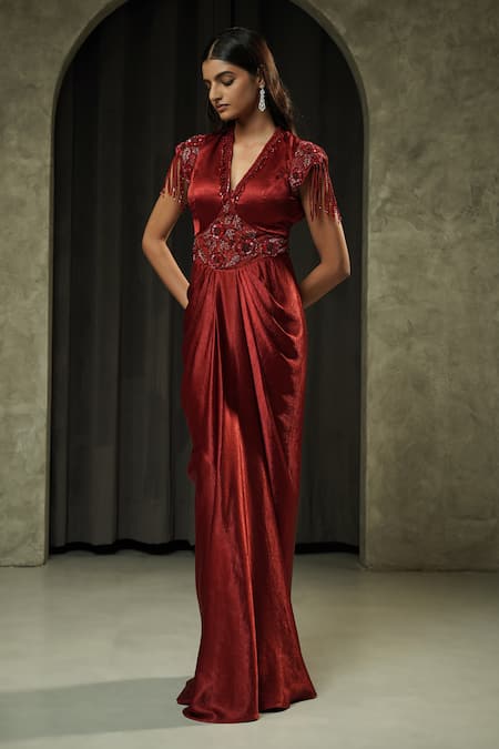 Shop Muskan Aggarwal Red Satin, Net Sequins, Crystals, Tassels V-neck Elira Embroidered Gown Online at Aza Fashions Shop_Muskan Aggarwal_Red Satin, Net Sequins, Crystals, Tassels V-neck Elira Embroidered Gown _Online_at_Aza_Fashions