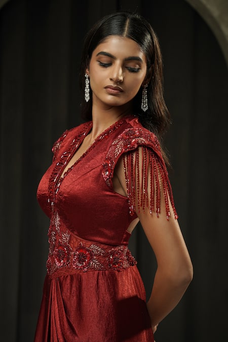 Buy Muskan Aggarwal Red Satin, Net Sequins, Crystals, Tassels V-neck Elira Embroidered Gown Buy_Muskan Aggarwal_Red Satin, Net Sequins, Crystals, Tassels V-neck Elira Embroidered Gown