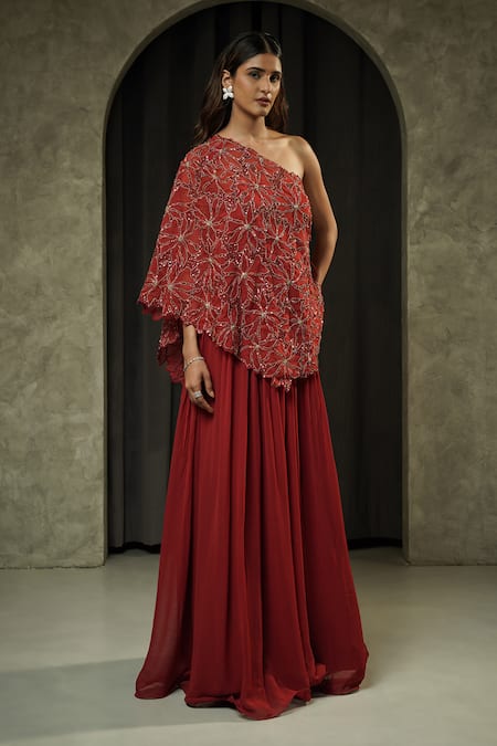 Muskan Aggarwal_Red Georgette Embroidery, Sequins, Beads Auriel Floral Anarkali With Cape _Online_at_Aza_Fashions