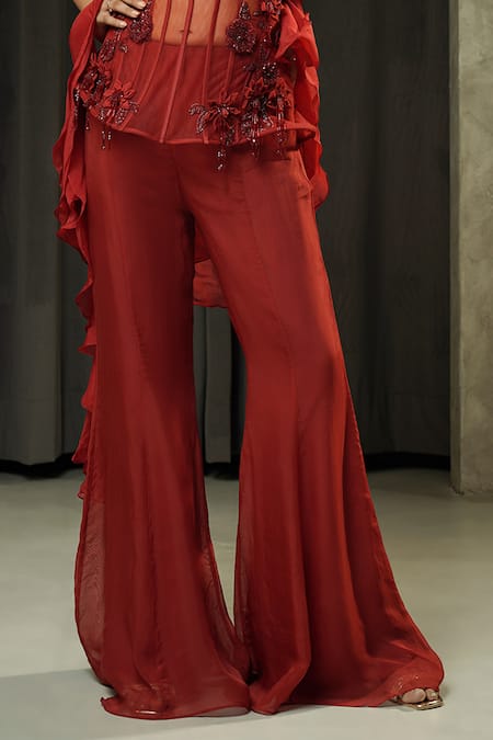 Muskan Aggarwal_Red Net, Organza Sequins, Beads, Scarlete Embroidered Corset Palazzo Set _Online_at_Aza_Fashions
