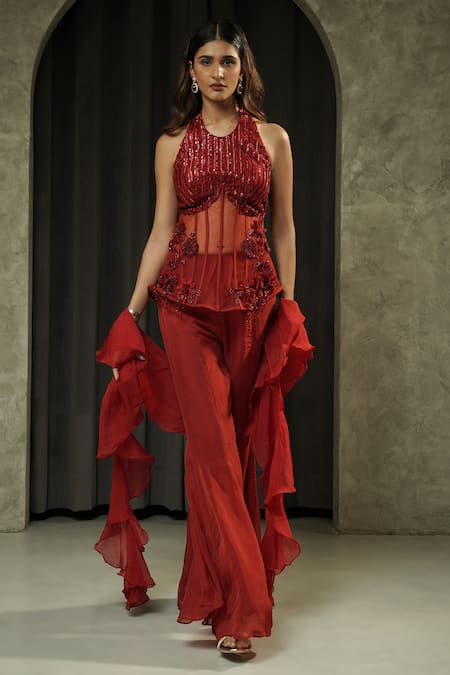 Buy_Muskan Aggarwal_Red Net, Organza Sequins, Beads, Scarlete Embroidered Corset Palazzo Set _Online_at_Aza_Fashions