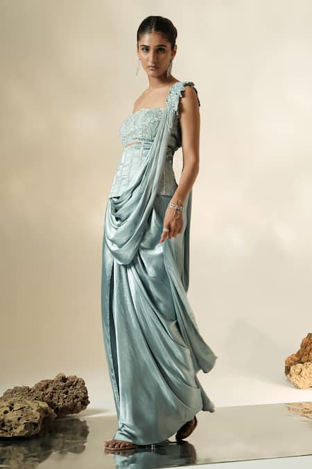 Muskan Aggarwal_Blue Satin, Silk Tassels, Nyra Sculpted Corset Blouse With Pre-draped Saree _Online_at_Aza_Fashions