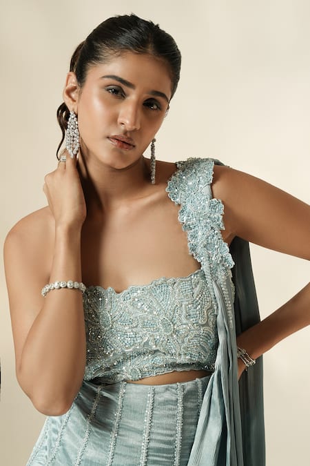 Shop_Muskan Aggarwal_Blue Satin, Silk Tassels, Nyra Sculpted Corset Blouse With Pre-draped Saree _Online_at_Aza_Fashions