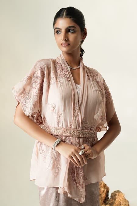 Buy_Muskan Aggarwal_Blush Satin V-, Open Avira Embroidered Cape With Midi Dress _Online_at_Aza_Fashions