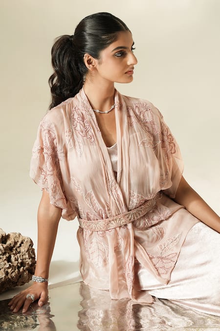 Shop_Muskan Aggarwal_Blush Satin V-, Open Avira Embroidered Cape With Midi Dress _Online_at_Aza_Fashions