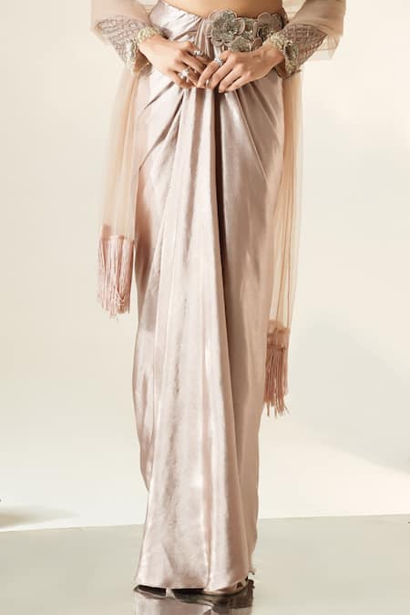 Muskan Aggarwal_Pink Satin, Net Beads, Pearls, Ishya Embroidered Blouse Draped Skirt Set _Online_at_Aza_Fashions