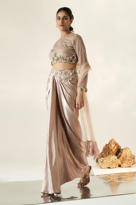 Shop_Muskan Aggarwal_Pink Satin, Net Beads, Pearls, Ishya Embroidered Blouse Draped Skirt Set _Online_at_Aza_Fashions