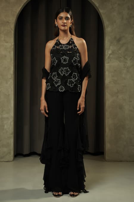 Buy_Muskan Aggarwal_Black Silk, Georgette, Net Beads, Crystals, Zaria Embroidered Top Palazzo Set _Online_at_Aza_Fashions