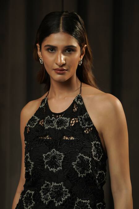 Muskan Aggarwal_Black Silk, Georgette, Net Beads, Crystals, Zaria Embroidered Top Palazzo Set _at_Aza_Fashions