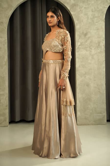 Muskan Aggarwal_Gold Satin, Silk, Net Mirrors, Tassels, Auriel Work Blouse Lehenga Set _Online_at_Aza_Fashions