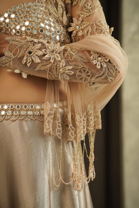 Shop_Muskan Aggarwal_Gold Satin, Silk, Net Mirrors, Tassels, Auriel Work Blouse Lehenga Set _Online_at_Aza_Fashions