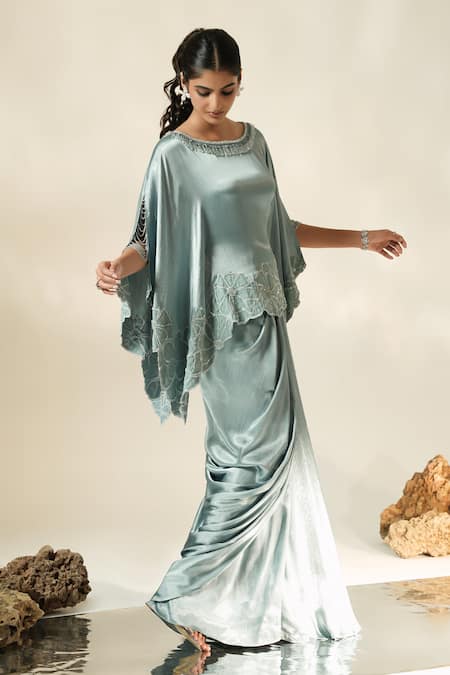 Muskan Aggarwal_Blue Satin, Silk Round Neck Zehra Floral Embroidered Cape And Draped Skirt Set _Online_at_Aza_Fashions