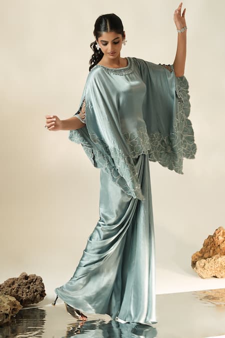 Buy_Muskan Aggarwal_Blue Satin, Silk Round Neck Zehra Floral Embroidered Cape And Draped Skirt Set _Online_at_Aza_Fashions