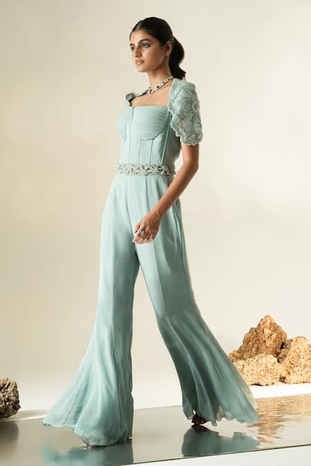 Muskan Aggarwal_Blue Georgette, Net Embroidery, Sequins, Crystals Celestia Corset Jumpsuit _Online_at_Aza_Fashions