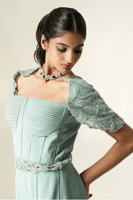 Buy_Muskan Aggarwal_Blue Georgette, Net Embroidery, Sequins, Crystals Celestia Corset Jumpsuit _Online_at_Aza_Fashions