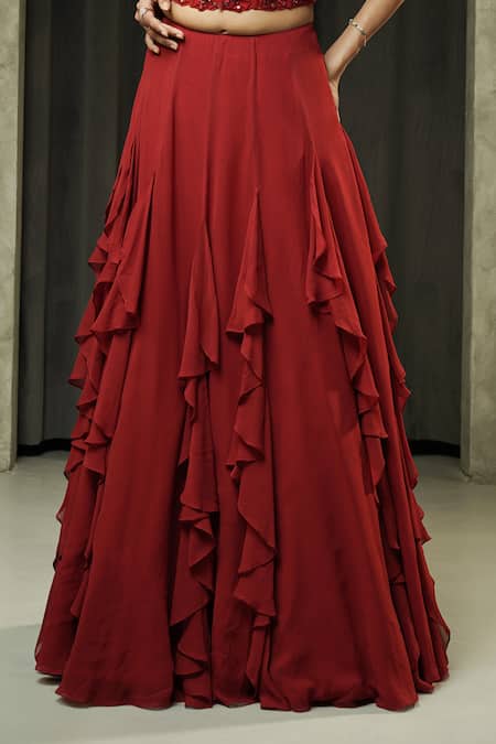 Muskan Aggarwal_Red Georgette, Net Mirrors, Sequins, Ravya Embroidered Corset Lehenga Set _Online_at_Aza_Fashions