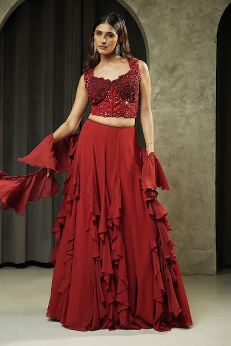 Shop_Muskan Aggarwal_Red Georgette, Net Mirrors, Sequins, Ravya Embroidered Corset Lehenga Set _Online_at_Aza_Fashions